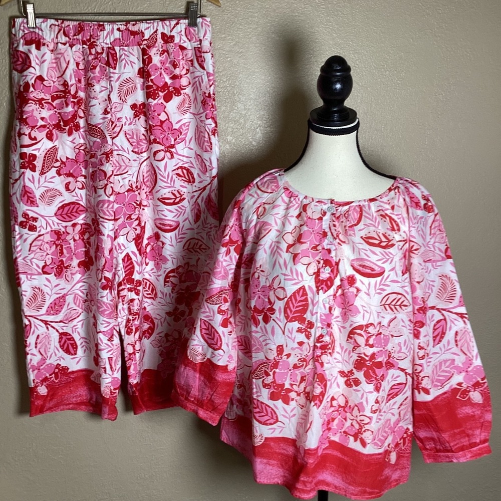Talbots Petite Medium Pink Red Floral Cotton Viscose Cropped pants Set 2-Piece